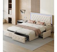 FEEOHOME Letto Cassetto 160 x 200, Letto Cassaforte, Letto Matrimoniale imbottito con 4 cassetti e rete a doghe con luci a LED, Telaio letto regolabile per Adulti Adolescenti Garcon, PU