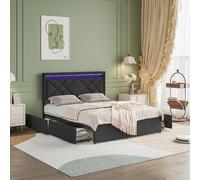 FEEOHOME Letto cassetto 160 x 200, letto matrimoniale con rete a doghe e 4 cassetti in ferro, letto matrimoniale imbottito, testiera con LED e porte USB, telaio letto per adulti adolescenti, grigio