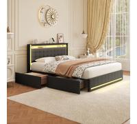 FEEOHOME Letto Cassetto 160 x 200, Letto Matrimoniale Imbottito con Conservazione, Letto Cassapanca con 4 cassetti e Rete a Doghe, Testiera con LED e USB, Letto 2 Persone per Adulti Adolescenti Garcon