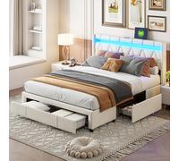 FEEOHOME Letto cassetto 160 x 200, letto matrimoniale imbottito con contenitore e 4 cassetti, lIt Cassaforte, testata dei letti con LED e USB, telaio per letti con rete a doghe per adulti e