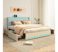 FEEOHOME Letto Cassetto 160 x 200, Letto Matrimoniale Imbottito, Letto Cassettiera con 4 Cassetti e Rete a Doghe, Testiera con LED e USB, Letto 2 Persone per Adulti Adolescenti Garcon, Lino Beige