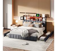 FEEOHOME Letto cassetto 160 x 200, LIT Cassettiera con spazio di archiviazione e 4 cassetti, letto matrimoniale imbottito con telaio letto e rete a doghe con LED e USB, per adulti, adolescenti Garcon