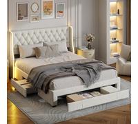 FEEOHOME Letto cassetto 160 x 200, LIt Cassettiera con spazio portaoggetti e 3 cassetti, letto matrimoniale imbottito, testiera con LED, telaio letto con rete a doghe per adulti e ragazzi, velluto