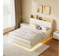 FEEOHOME Letto galleggiante 140 x 200, letto matrimoniale con LED regolabile e USB, letto matrimoniale imbottito con rete a doghe e spazio di archiviazione, telaio letto per adulti e adolescenti