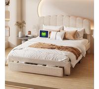 FEEOHOME Letto matrimoniale 140 x 200 cm, letto imbottito con contenitore e cassetto, telaio letto con rete a doghe regolabile con USB, per adulti e adolescenti, velluto orsacchiotto, beige