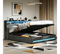 FEEOHOME Letto matrimoniale imbottito 140 x 190 cm, letto cassettiera con rete a doghe e ripostiglio, letto con rete, LED e USB, telaio per letti per adulti adolescenti, lino grigio