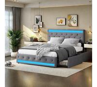 FEEOHOME Letto matrimoniale imbottito 140 x 190 cm, letto matrimoniale con 4 cassetti e rete a doghe con vano portaoggetti con ricarica USB e LED, letto funzionale, telaio per letti con testa