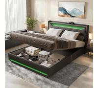 FEEOHOME Letto matrimoniale imbottito 140 x 200 cm, letto con vano portaoggetti e rete a doghe per letto matrimoniale con USB e LED, telaio letto per adulti e adolescenti, lino grigio