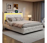FEEOHOME Letto matrimoniale imbottito 160 x 200 cm, letto cassettiera con contenitore e rete a doghe con LED e porte USB, letto multifunzione, telaio letto per adulti adolescenti, PU, bianco