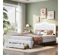 FEEOHOME Letto per bambini 140 x 200 cm, per bambini con cassetto portaoggetti, letto principessa con rete a doghe con LED, per bambini, adolescenti, beige
