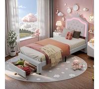 FEEOHOME Letto per bambini 90 x 200 cm, per bambini con cassetto portaoggetti, letto principessa con rete a doghe con LED, per bambini, adolescenti, beige