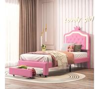 FEEOHOME Letto per bambini 90 x 200 cm, per bambini con cassetto portaoggetti, letto principessa con rete a doghe con LED, per bambini, adolescenti (rosa, 90 x 200)