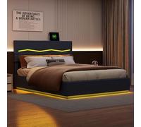 FEEOHOME LIt Box LED 160 x 200, LIT 2 posti con spazio portaoggetti e rete a doghe letto matrimoniale imbottito, telaio letto con testiera per adulti e ragazzi in PU