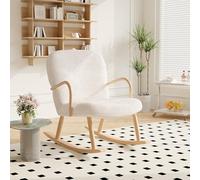 FEEOHOME Poltrona da camera Bebe, sedia a dondolo con braccioli e piedi in legno, sedia a dondolo, sedia a sdraio, sedie allattamento per camera da letto, soggiorno, beige, velluto Teddy