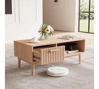 FEEOHOME Tavolino moderno in rattan, tavolino da salotto con 1 cassetto e ripiano aperto, tavolino rettangolare per soggiorno, soggiorno, ufficio, 100 x 50 x 43 cm, colore legno