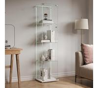 FEEOHOME Vetrina in Vetro con LED, vetrina da Collezione in Vetro, trasparente vetrina con 4 Strati con 1 Anta, su Piede Vetrine Temperate per Soggiorno, Camera da Letto Bianco