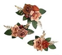 Feeshoppher Fiori artificiali per torta di rose con eucalipto, in tessuto realistico, composizione floreale in caramello, arancione, viola, blu nebbia, per matrimoni, feste di compleanno, centrotavola