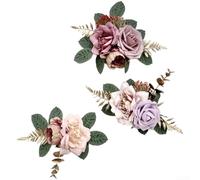 Feeshoppher Fiori artificiali per torta di rose con eucalipto, in tessuto realistico, composizione floreale in caramello, arancione, viola, blu nebbia, per matrimoni, feste di compleanno, centrotavola