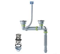 Feeshoppher Kit di scarico sottolavello salvaspazio in acciaio inox, doppio kit di scarico per lavello da cucina, sotto l'armadio, ottimizzato per lo spazio, con tubi in PVC ispessito per impianti