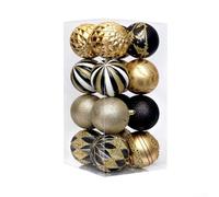 Feeshoppher Set di 16 palline di Natale da 8 cm, decorazioni per albero, in plastica infrangibile, con glitter, decorazioni per Natale, casa, feste, festival (nero oro)