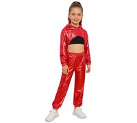 FEESHOW Abito Danza Jazz O Street Dance Bambine Composto Cappotto Capuccio Metallic Crop Pantaloni E Top Crop Pezzi Rosso Nero 9-10 anni