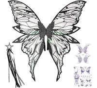 FEESHOW Ali Di Fata Per Donna Ali Di Farfalla Scintillanti Con Bacchetta Magica E Adesivi Per Feste In Costume Di Halloween Nero 2 Taglia unica