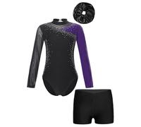 FEESHOW Bambina Costume Da Ginnastica Glitter Con Pantaloncini Fascia Per Capi Maniche Lunghe Tuta Da Ginnastica Body Da Ballo Leotard Costume Da Danza Competizione Viola 3-4 anni