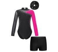 FEESHOW Bambina Costume Da Ginnastica Glitter Con Pantaloncini Fascia Per Capi Maniche Lunghe Tuta Da Ginnastica Body Da Ballo Leotard Costume Da Danza Competizione Rosa acceso 3-4 anni