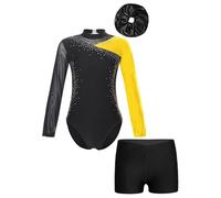 FEESHOW Bambina Costume Da Ginnastica Glitter Con Pantaloncini Fascia Per Capi Maniche Lunghe Tuta Da Ginnastica Body Da Ballo Leotard Costume Da Danza Competizione Giallo 3-4 anni