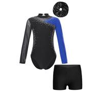 FEESHOW Bambina Costume Da Ginnastica Glitter Con Pantaloncini Fascia Per Capi Maniche Lunghe Tuta Da Ginnastica Body Da Ballo Leotard Costume Da Danza Competizione Blu 3-4 anni