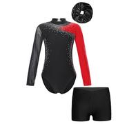 FEESHOW Bambina Costume Da Ginnastica Glitter Con Pantaloncini Fascia Per Capi Maniche Lunghe Tuta Da Ginnastica Body Da Ballo Leotard Costume Da Danza Competizione Rosso 3-4 anni