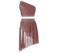 FEESHOW Bambina Latin Abito da Ballo Luccicante Outfit da Danza Top Corto con Una Spalla Gonna a Balze Set Contemporaneo Abbigliamento Danza e Balletto Rosa Polveroso 13-14 Anni