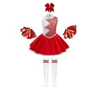 FEESHOW Bambina Uniforme Cheerleading Vestito Cheer Leader Uniforme Scuola Abito Ballo Tifosatrice Set di Gonne per Cheerleading Danza Rosso 7-8 Anni