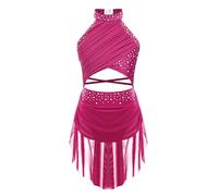 FEESHOW Bambina Vestito da Danza Glitter Strass Balletto Pattinaggio sul Ghiaccio Canotta Schiena Scoperta Abbigliamento Danza Lirica Modern Dance Outfit Rosa Acceso 11-12 Anni