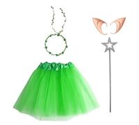 FEESHOW Costume Da Elfo Set Tutu Rock Orecchie Da Elfo Ghirlanda Di Fiori E Bacchetta Stellata Per Feste In Maschera Verde Taglia unica