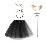 FEESHOW Costume Da Elfo Set Tutu Rock Orecchie Da Elfo Ghirlanda Di Fiori E Bacchetta Stellata Per Feste In Maschera Nero Taglia unica