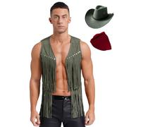 FEESHOW Costume Uomo Abbigliamento Hippie Cappello Da Cowboy Frange Gilet In Camoscio Set Costume Sceriffo Ranger Rodeo Carnevalesco Outfit Per Feste Festival Verde militare L