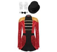 FEESHOW Donna Circo Costume Da Direttore Del Circo Tuta Body Halloween Carnevale Costume Arena Travestimento Sport Danza Maglia Rosso 3XL