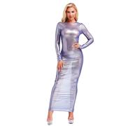 FEESHOW Donna Metallico Lucido Abito Maniche Lunghe Trasparente Maxi Abito Aderente Scintillante Festa Rave Spiaggia Gogo Clubwear Blu XXL