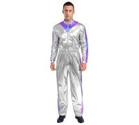 FEESHOW Donna Uomo Costumi Da Astronauta Tuta Halloween Costume Da Spazio Soldato Uniforme Body In Metallo Argento 3XL