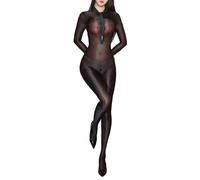 FEESHOW Femme Bodystocking Lucido Oleoso Ouvert Trasparente Bodysuit Calzamaglia Corpo Intero Open Crotch Nero XL