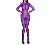 FEESHOW Femme Bodystocking Lucido Oleoso Ouvert Trasparente Bodysuit Calzamaglia Corpo Intero Open Crotch Viola M