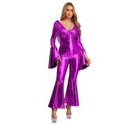 FEESHOW Outfit Disco Donna Degli Anni E Jumpsuit Con Sequine E Frange Overall Dalla Parte In Fuori Costume Disco E Carnevale Ballare Viola S