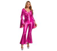 FEESHOW Outfit Disco Donna Degli Anni E Jumpsuit Con Sequine E Frange Overall Dalla Parte In Fuori Costume Disco E Carnevale Ballare Rosa scuro S