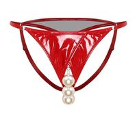 FEESHOW Slip Dame con Perle nel Passo Pelle Verniciata String Tanga Aperta Aspetto Bagnato Lenzuola Intime Calze Interne Hipster Lingerie Rosso 3XL
