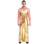 FEESHOW Uomo Abito Hippie Disco Anni 70 80 Glitter Metallico Tuta Con Gamba Svasata Party Festival Carnevale Costume Clubwear Oro XXL