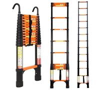 FEETE Scala telescopica da 12,5 m, scala estensibile in alluminio con stabilizzatori triangolari e ganci staccabili, portata 150 kg, scala telescopica espandibile per casa, esterno (arancione)