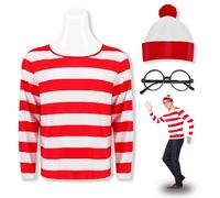Feeziloe Costume da uomo di Where's Wally, cappello a cilindro, occhiali, calzini, rosso e bianco, costume fresco per la Giornata mondiale del libro