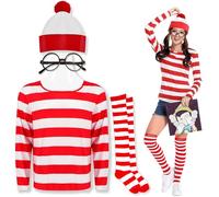 Feeziloe Set costume da donna Where's Wally, cappello a cilindro, occhiali, calzini, top rosso e bianco, costume fresco per la Giornata mondiale del libro, Halloween, festa di abbigliamento scolastico