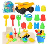 Fegalop Set Giocattoli da Spiaggia, 14 Pezzi con Veicolo da Costruzione, Secchio Pieghevole, Stampi Animali, Annaffiatoio, Set Pale con Borsa a Rete